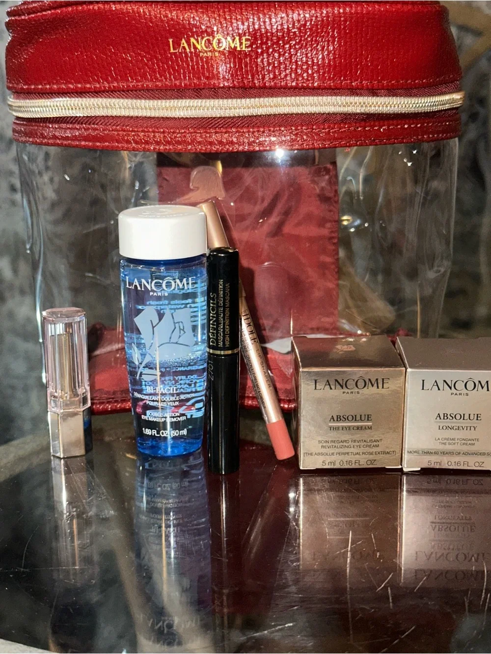 Lancome Pink Lipstick & Gold Absolue Cream Set with Red Case